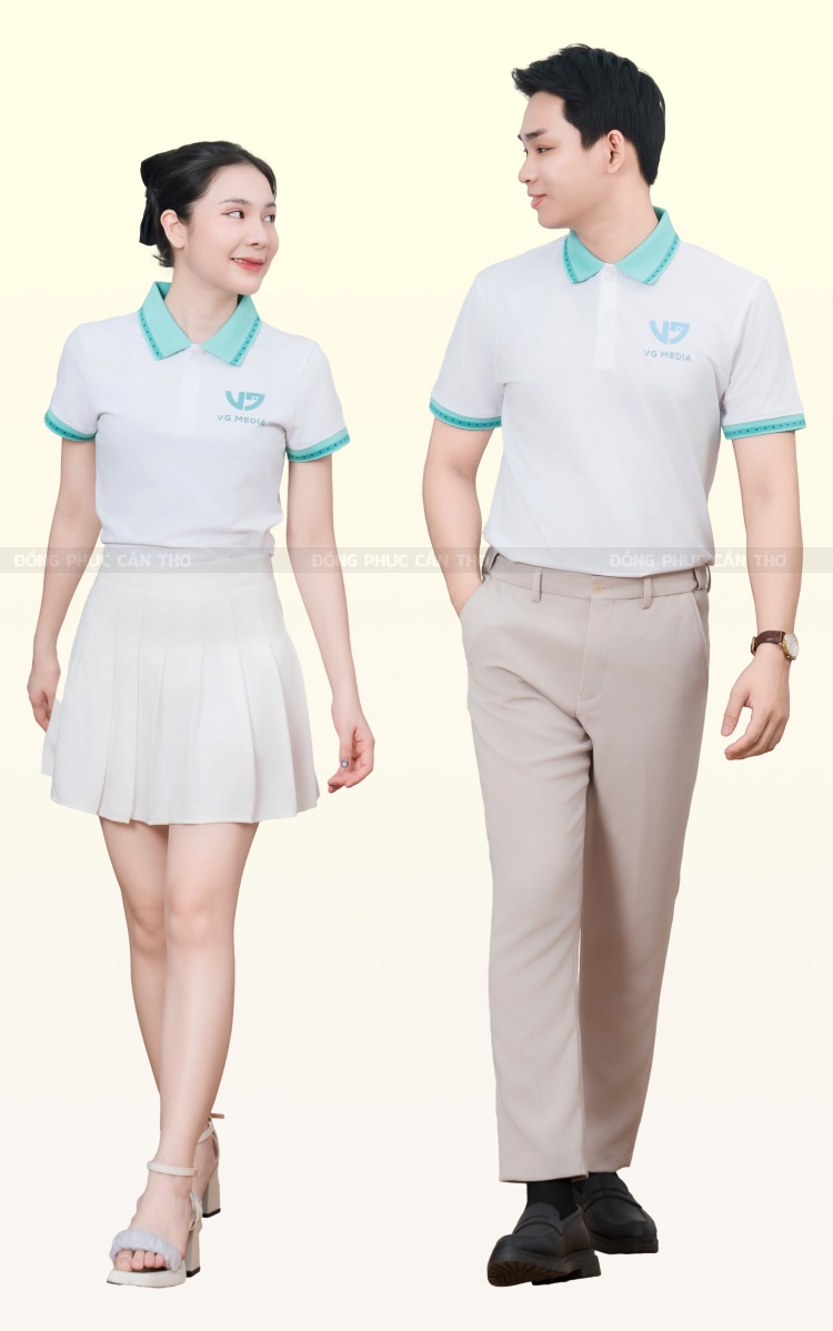 áo polo đồng phục công ty màu trắng phối bo dệt