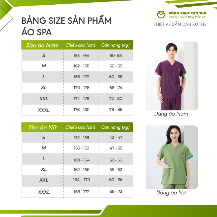 bảng size áo đồng phục spa nam nữ