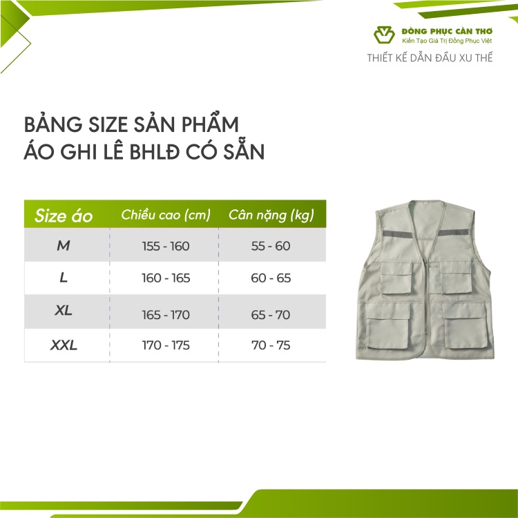 bảng size áo gile đồng phục có sẵn