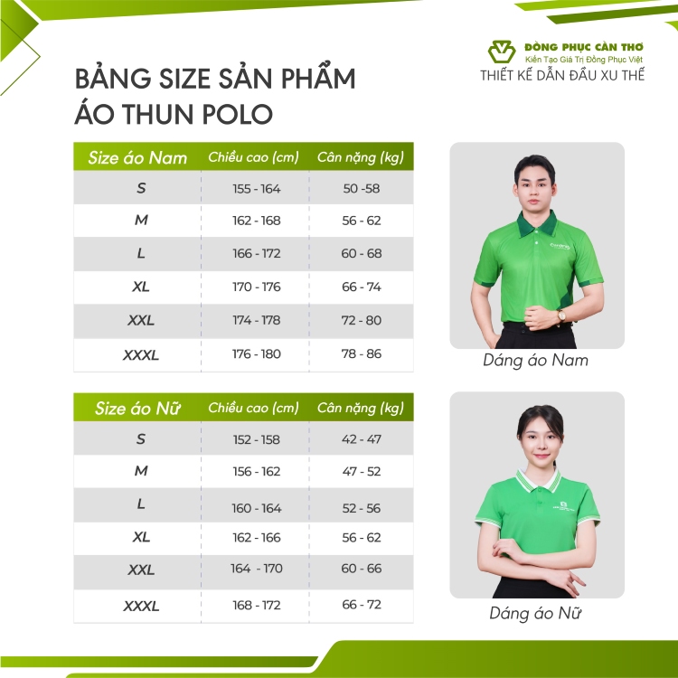 bảng size áo polo đồng phục