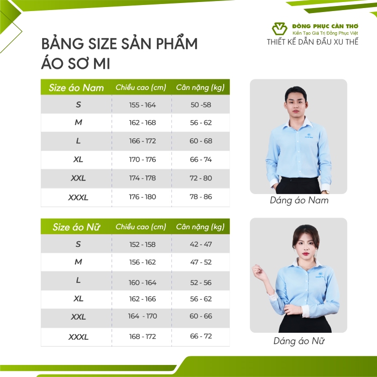 bảng size áo sơ mi đồng phục công sở