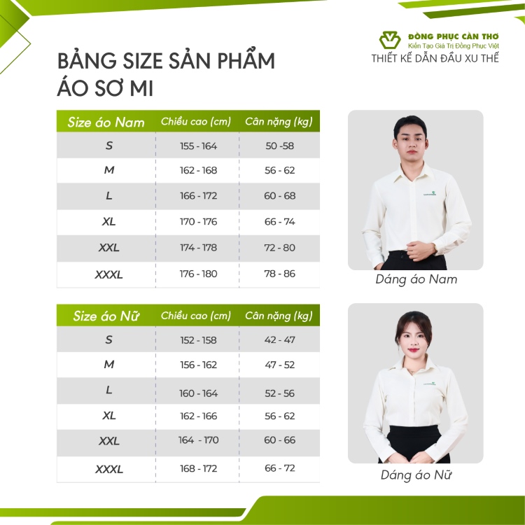 bảng size áo sơ mi đồng phục nam nữ