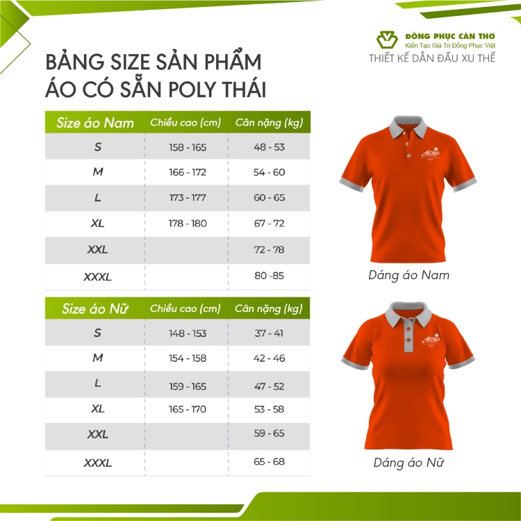 bảng size áo thun đồng phục chất liệu poly có sẵn