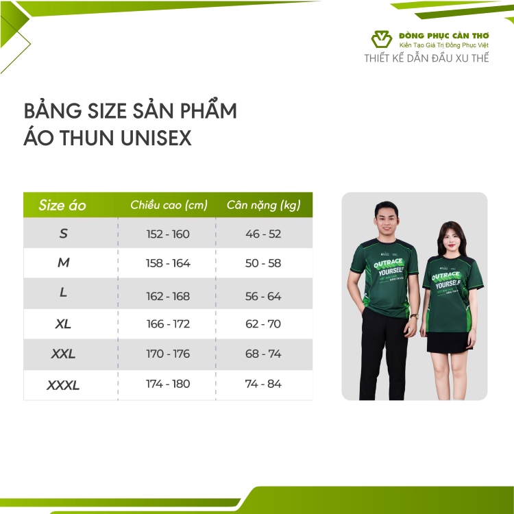 Bảng size áo thun đồng phục unisex