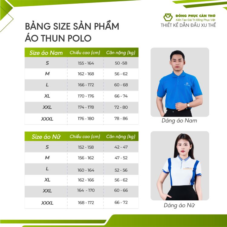 Bảng size áo thun polo đồng phục