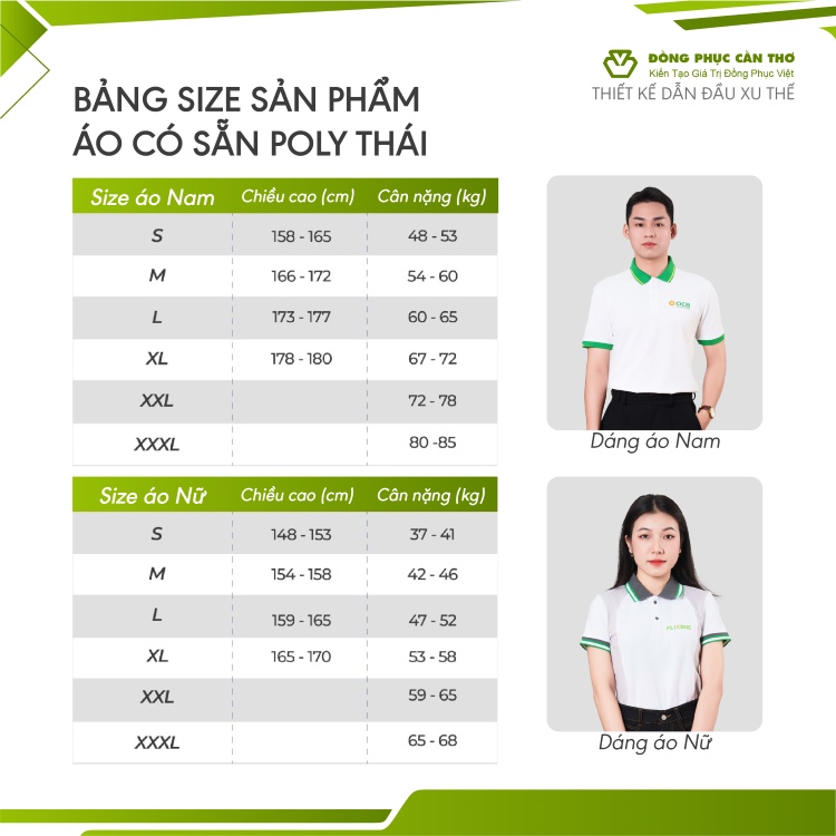bảng size áo thun poly đồng phục có sẵn