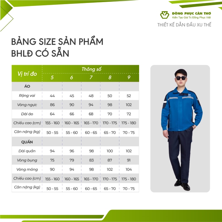 bảng size đồng bảo hộ lao động có sẵn